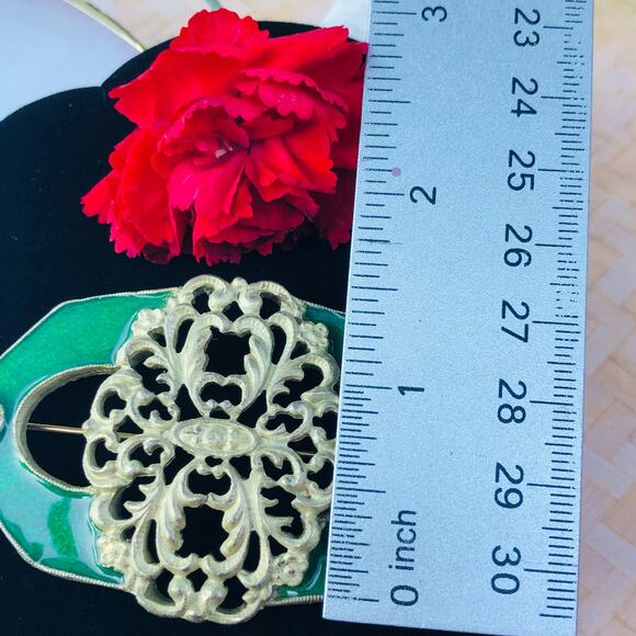Vintage Signed ELLE Green Enamel Filigree Dark Gold Brooch Pin - Picture 3 of 5